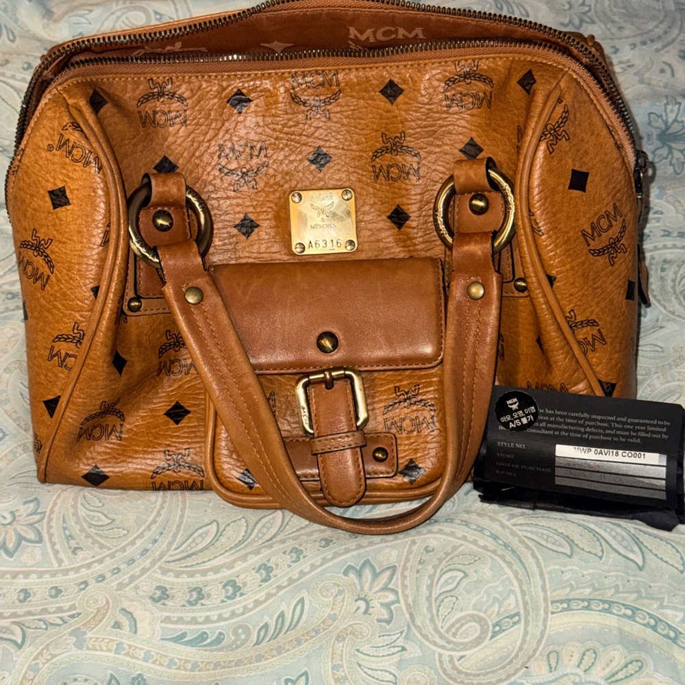 MCM Cognac/Black Visetos Logo Satchel with Gold Hardware